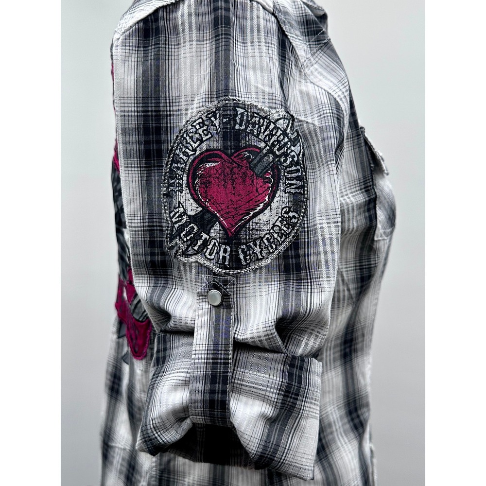 Harley Davidson Womens Plaid Snap Front Shirt Love To Ride Embroidered Wings M - Picture 5 of 7